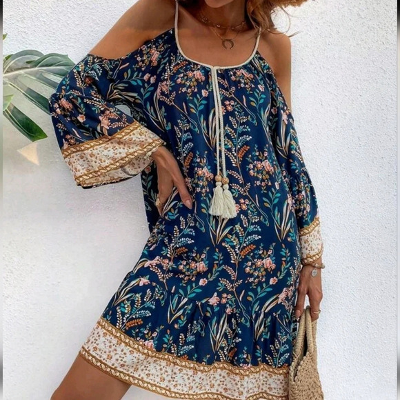 Off-The-Shoulder Belted Printed Dress Boho Dress - Picture 1 of 5